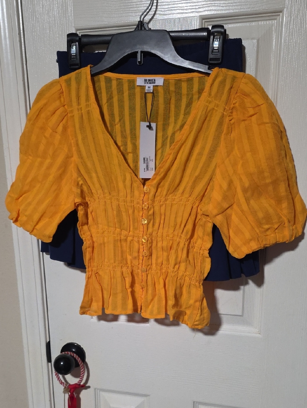 BDG Smocked Button-Front Puff Sleeve Blouse in Golden Yellow 100% Cotton Ptp 19+